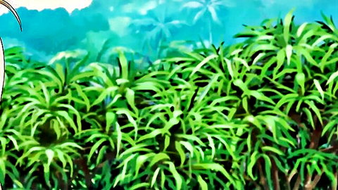 Lush green jungle foliage in anime hentai scene, tropical plants background