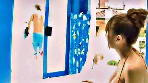 Asian woman in bikini peeks at shirtless man entering room in BDSM creampie JAV