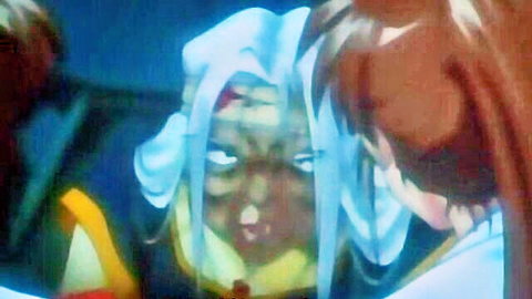 Intense hentai anime scene with fierce white-haired woman and young brown-haired man