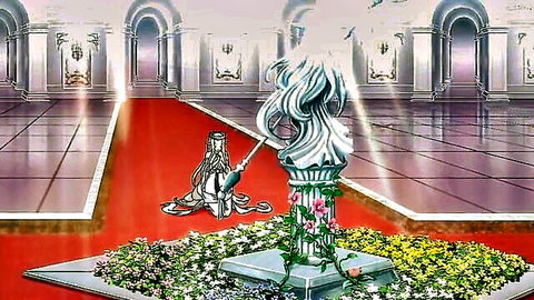White-haired anime hentai girl kneeling on floral pedestal holding staff in grand palace hall