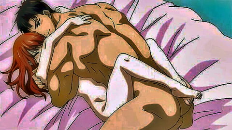 Muscular hentai guy spoons naked big-titted redhead anime babe intimately on bed