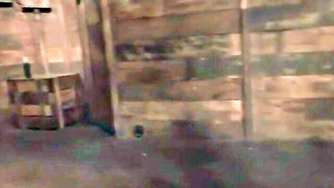 Rustic barn interior with wooden walls whiskey barrel and table no action visible