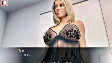 Blonde milf mom in sheer black lingerie from hentai mom-son game