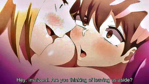 Blonde hentai girl intimately kissing brown-haired beauty's large breasts