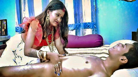 Sudipa Bhabhi in red blouse saree seduces young shirtless devar by touching his body