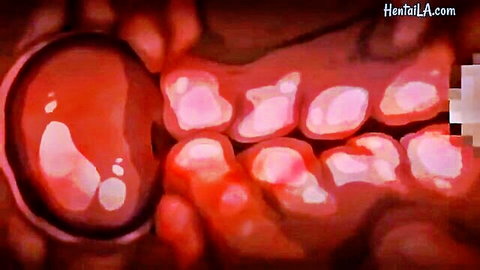 Steamy hentai close-up of anime girl's red glossy orifice with big boobs implied