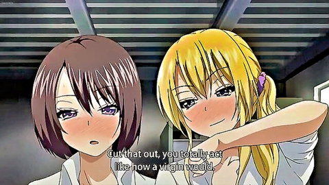 Blonde and brunette anime girls teasing in uniforms, virgin act hentai scene