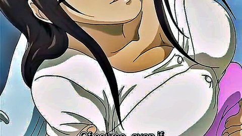 Hentai anime babe with massive tits squeezing pink dildo between her huge boobs