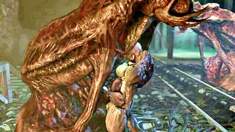 Blonde big tits girl's head engulfed in monster's fleshy dripping pussy tentacles 3D CGI