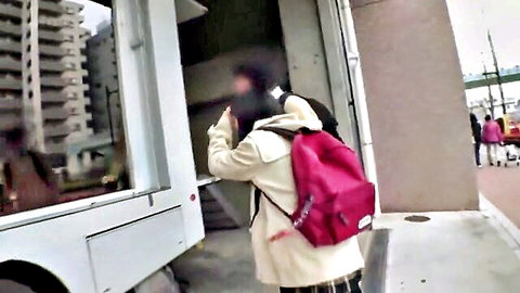 Japanese schoolgirl in white coat and plaid skirt entering van, BDSM tease