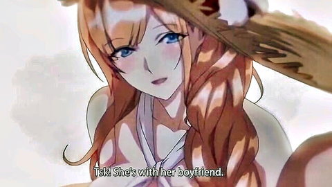 Orange-haired anime girl in white dress looks jealous over boyfriend in hentai scene
