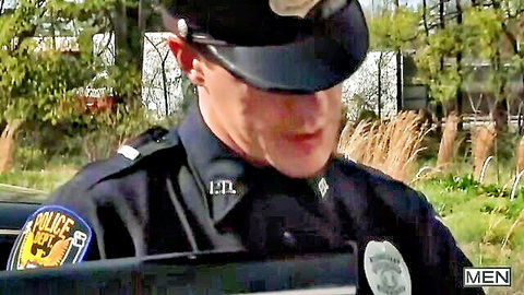 Paul Canon and JJ Knight in outdoor gay police uniform scene