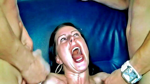 Texas Patti in intense MMF threesome, mouth wide open on blue mat