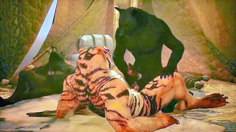 Anthropomorphic tiger and wolf in explicit furry hentai sex scene