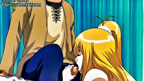 Hentai blonde teen with big tits giving blowjob to friend
