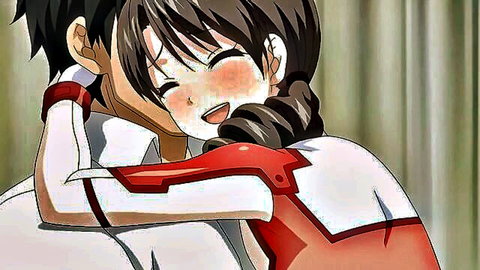 Anime couple in passionate embrace, hentai-style hug with blushing faces