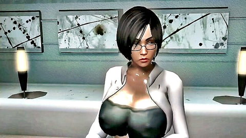 Animated Asian housewife with huge breasts in open white coat and glasses