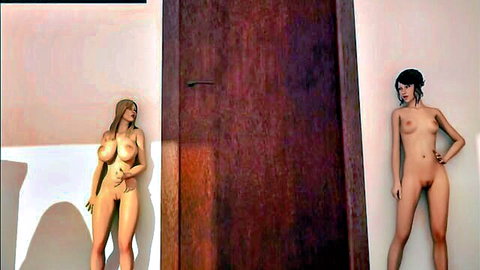 Busty 3D hentai giantesses posing nude by door, blonde and brunette