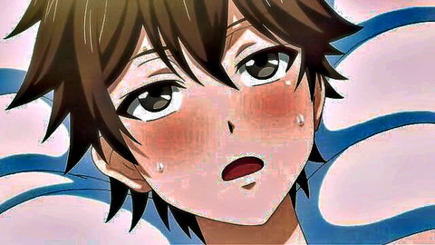 Blushing anime boy with teary eyes and open mouth in hentai scene