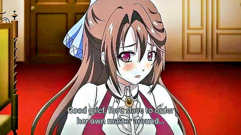 Anime slave girl with long brown hair and red eyes in white dress, surprised expression