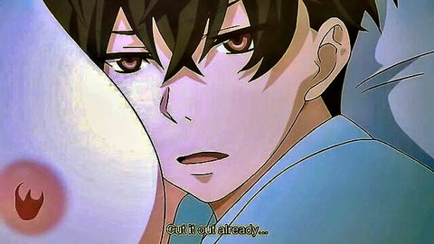 Anime boy embarrassed face pressed into giant breasts hentai scene