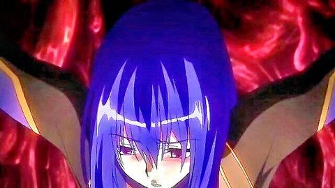 Purple-haired hentai teen girl with wings in intense aroused expression