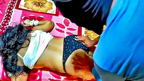 Cute young Desi girl in white top and black panties, man touching her curvy ass intimately