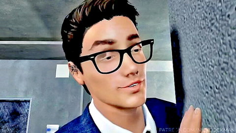 Handsome Asian man in glasses and suit leaning against wall in office hentai thumbnail