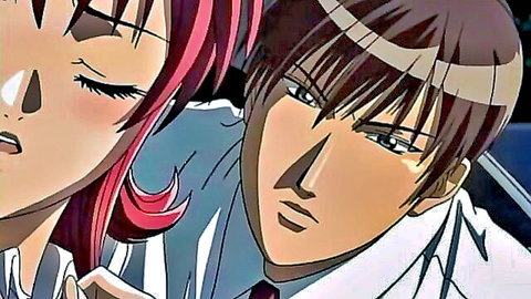 Pink-haired anime girl in intimate close-up with suited guy in Tokyo Requiem hentai