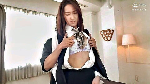 Chinami Matsukawa unbuttons blouse to reveal lace bra in JAV office tease