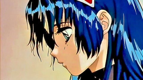 Emotional blue-haired anime schoolgirl in tears from Stainless Night hentai