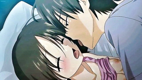 Hentai couple in bed, man kissing woman's neck in pink lingerie