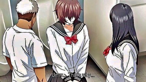 Hentai schoolgirls in sailor uniforms with bound brunette in tense scene
