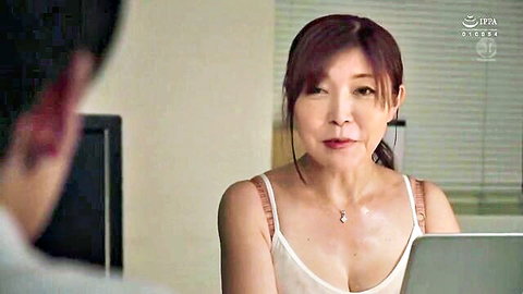 Yumi Narusaki as sweaty office lady in white camisole, deep cleavage with coworker