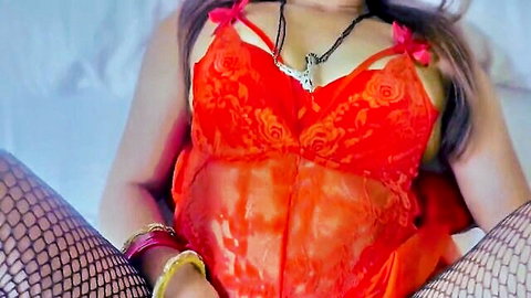 Desi Indian bhabhi in sheer red lace lingerie and fishnet stockings