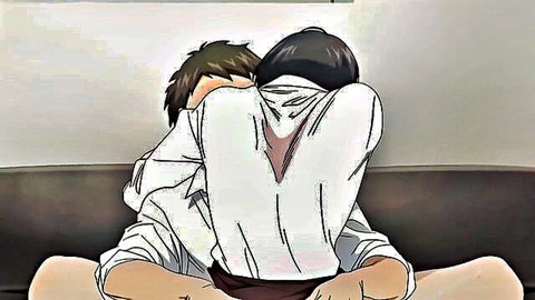 Anime hentai boys hugging intimately from behind in school uniforms with legs spread wide