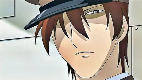 Intense anime policeman with narrowed eyes and spiky brown hair in hentai comic closeup