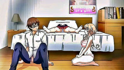 Hentai blonde babe in white lingerie spreads legs on bed showing red thong panties for glasses guy