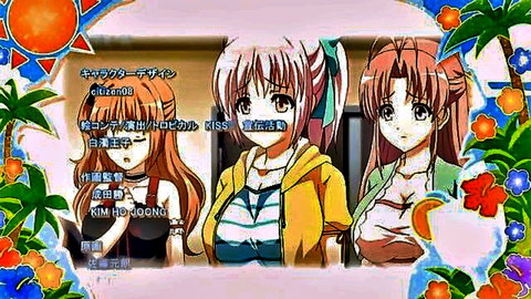 Busty anime girls in revealing swimsuits and hoodies posing with huge tits in tropical kiss comic