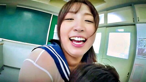 Fujisawa Rio in erotic sailor uniform, voluptuous milf smiling during hug