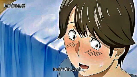 Blushing anime girl with surprised expression in hentai scene