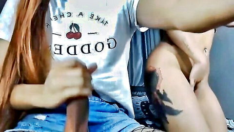 Redhead ladyboy masturbating with dildo, big cock exposed in amateur solo video