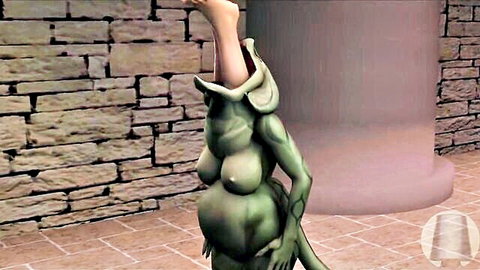 Pregnant green lizard hentai girl with big tits swallows human foot feet-first in vore scene