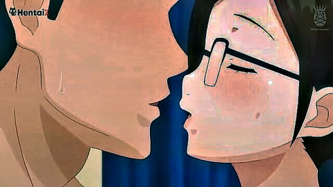 Hentai anime girl with glasses passionately kissing guy in closeup