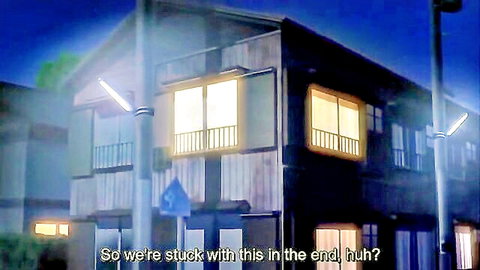 Anime night scene of foggy wooden house with lit windows and dialogue 'So we're stuck with this in the end, huh?'