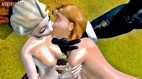 Nude Elsa and Anna kissing passionately with black gloved hand penetrating pussy in hentai