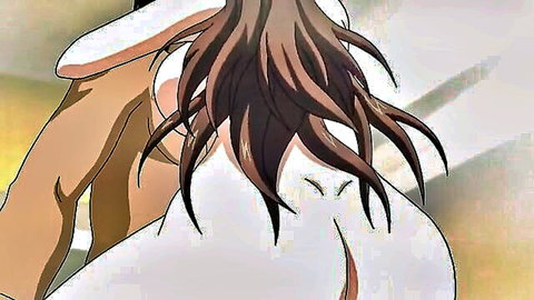 Hentai anime girl with long brown hair in white outfit from behind, teasing rear view