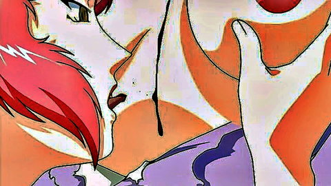 Intense hentai close-up of pink-haired woman with blood dripping, held by hand with knife