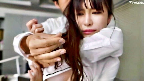 Yuko Ono grabbed by boss in office JAV harassment scene, intense embrace