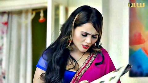 Hot Indian woman in pink saree reading intensely, Ullu Charmsukh teaser